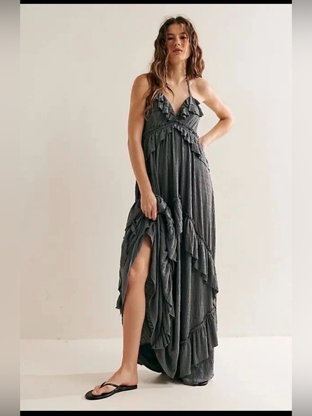 FP Beach NWOT Santa Luz Ruffled Halter Maxi Dress in Charcoal Gray